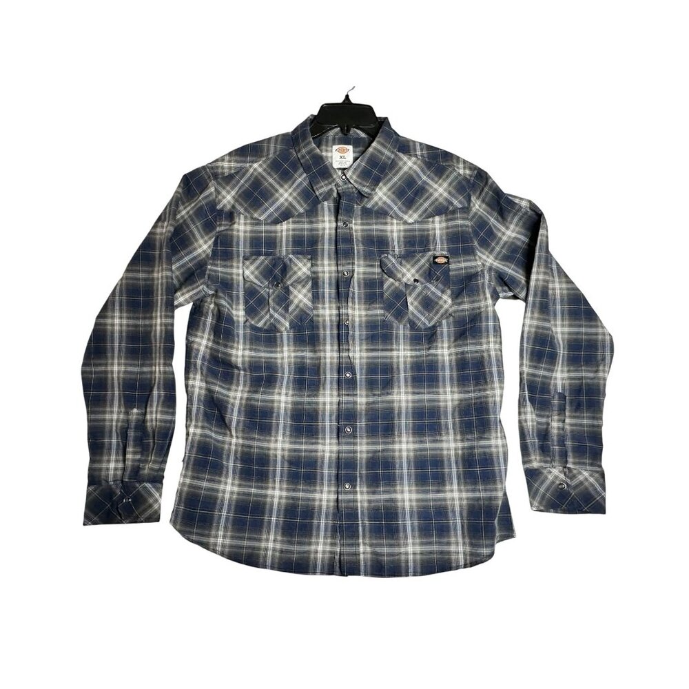 Dickies Button Up L/S Blue Plaid Pearl Snap Shirt Mens XL‎